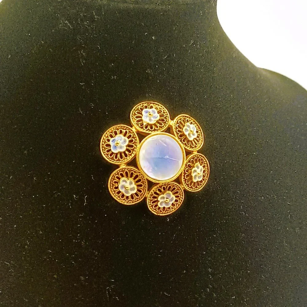 Vintage Gold Filigree Flower Brooch. Blue Celluloid Center Tiny Blue Flower
